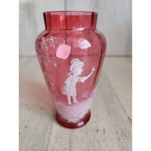 Mary Gregory young girl flower painted miniature red vase glass collectible vint